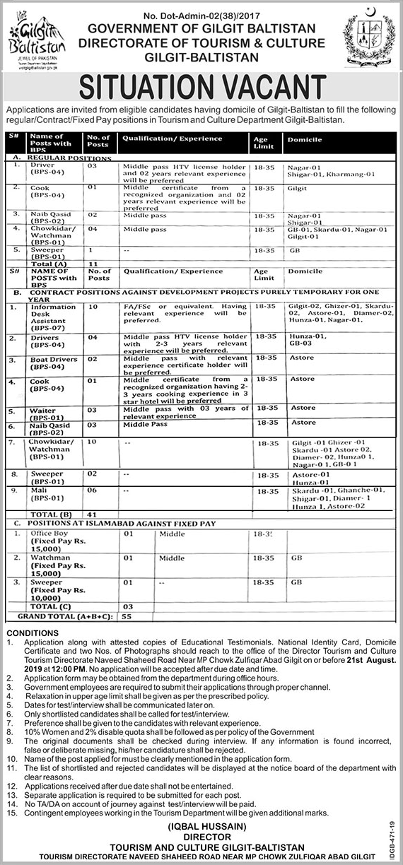 Tourism and Culture Department Gilgit Baltistan Jobs 2019 August Chowkidar, Drivers & Others Latest