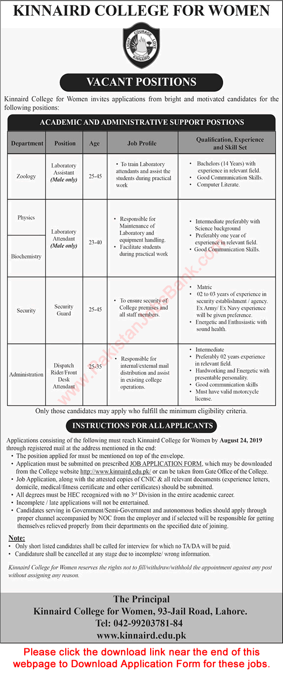 Kinnaird College for Women Lahore Jobs August 2019 Application Form Download KCW Latest