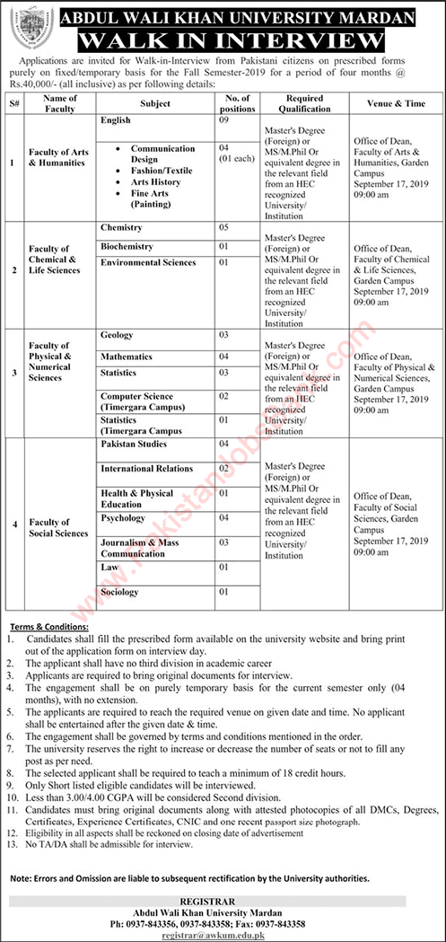 Abdul Wali Khan University Mardan Jobs 2019 September Teaching Faculty Walk in Interview Latest