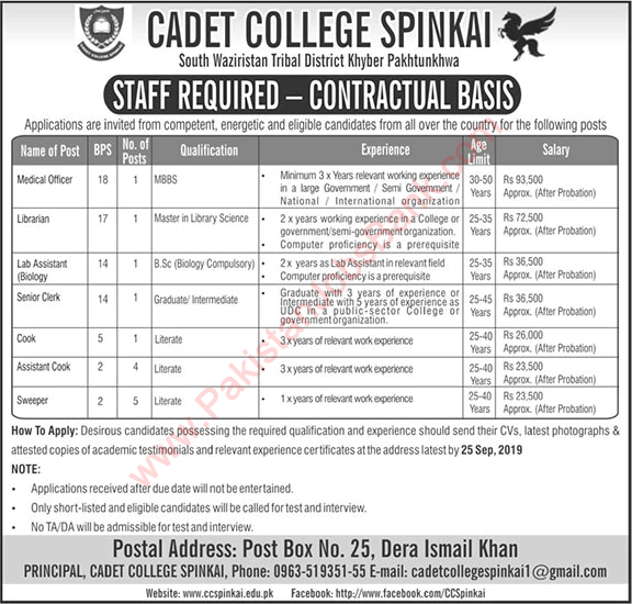 Cadet College Spinkai Jobs 2019 September KPK Cooks, Sweepers & Others Latest