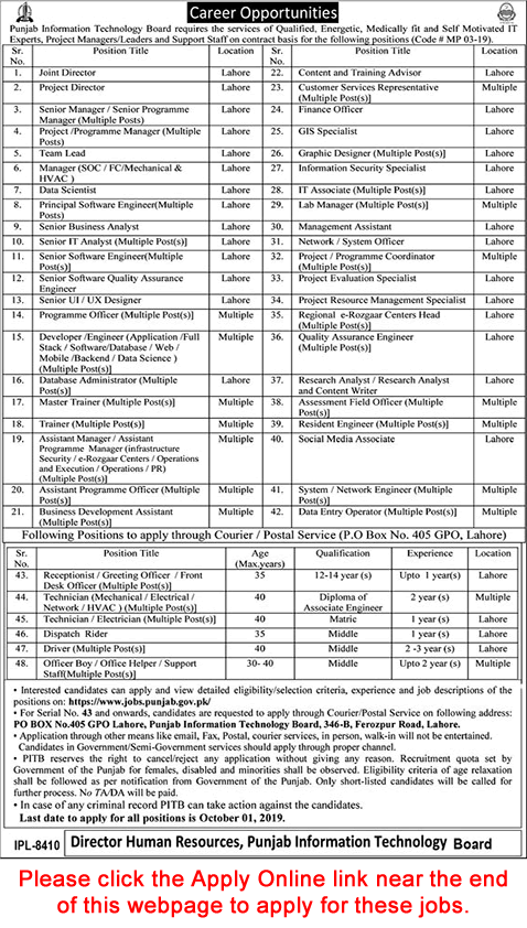 PITB Jobs September 2019 Apply Online Punjab Information Technology Board Latest