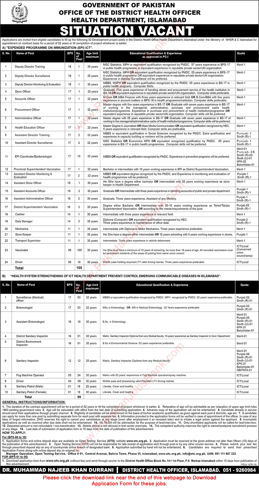 Health Department Islamabad Jobs September 2019 OTS Application Form Vaccinators, Sanitary Patrol & Others Latest