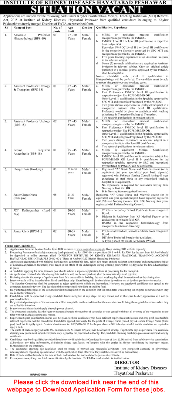 Institute of Kidney Diseases Hayatabad Peshawar Jobs September 2019 Application Form Download Latest
