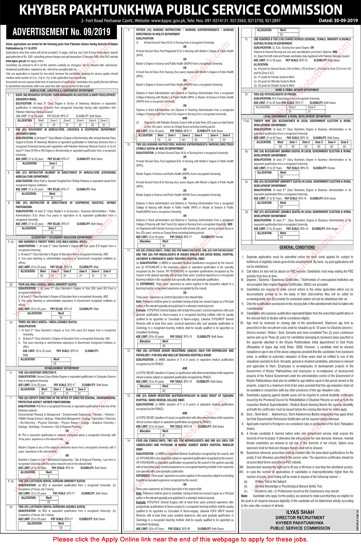 KPK Public Service Commission Jobs October 2019 KPPSC Apply Online Advertisement No 09/2019 Latest