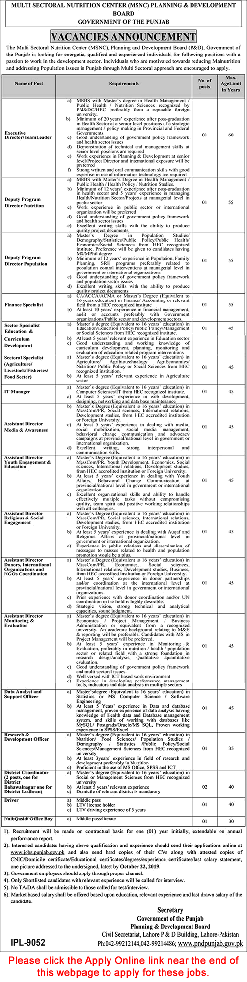 Planning and Development Department Punjab Jobs 2019 October Apply Online Multi Sectoral Nutrition Center Latest