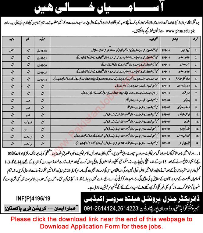 Provincial Health Services Academy Peshawar Jobs 2019 October Application Form Computer Operators & Others Latest
