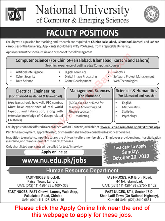 FAST National University Jobs October 2019 Apply Online Teaching Faculty FAST-NUCES Latest