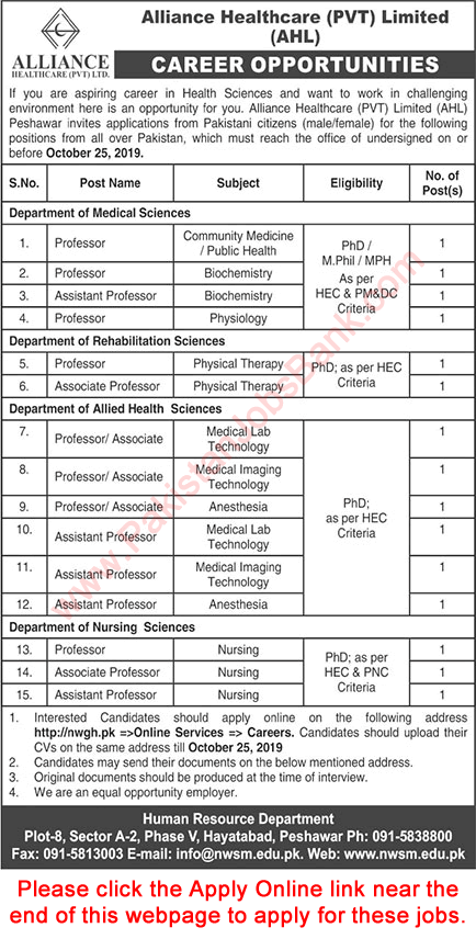 Teaching Faculty Jobs in Alliance Healthcare (Private) Limited Peshawar 2019 October AHL Apply Online Latest