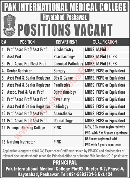 Pak International Medical College Peshawar Jobs 2019 October Teaching Faculty & Others Latest