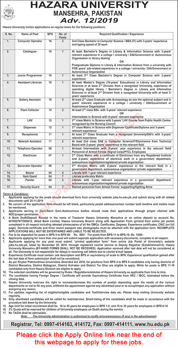 Hazara University Mansehra Jobs November 2019 Apply Online Computer Operators & Others Latest