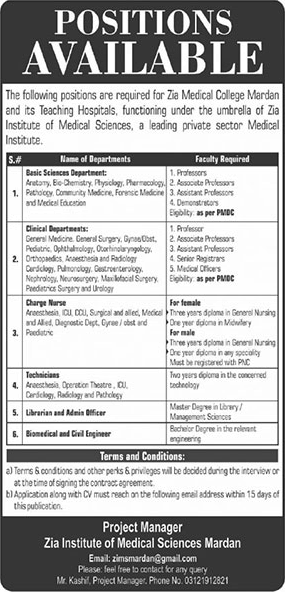 Zia Medical College Mardan Jobs 2019 November Teaching Faculty, Medical Officers, Nurses & Others Latest
