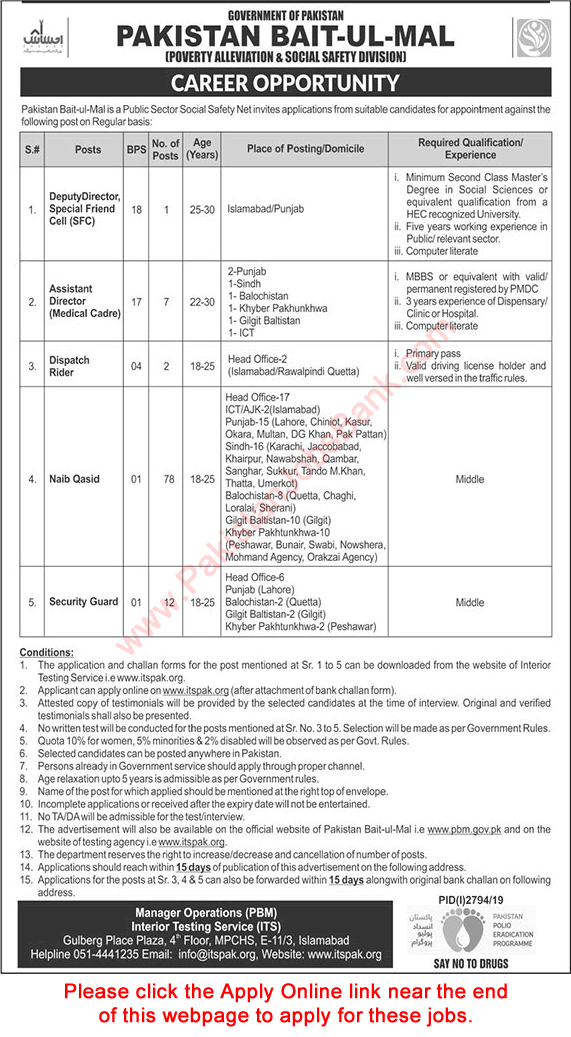 Pakistan Bait-ul-Mal Jobs 2019 November ITS Online Apply Naib Qasid & Others Latest