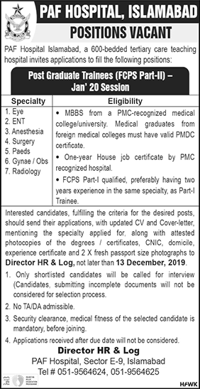 PAF Hospital Islamabad Jobs December 2019 FCPS-II Postgraduate Trainees Latest