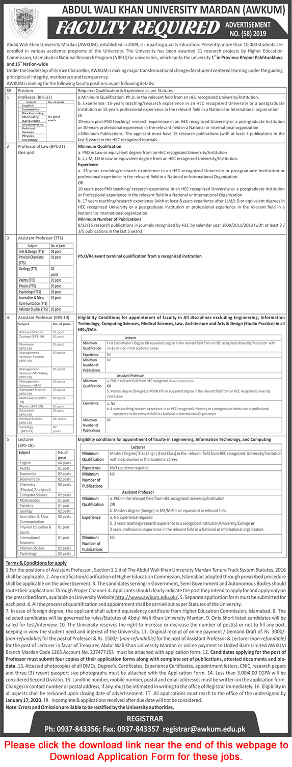 Abdul Wali Khan University Mardan Jobs December 2019 / 2020 Application Form Teaching Faculty AWKUM Latest