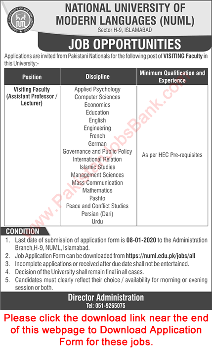 NUML University Islamabad Jobs December 2019 Application Form National University of Modern Languages Latest