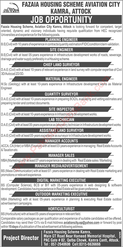 Fazaia Housing Scheme Kamra Jobs 2019 December 2020 Engineers & Others Latest