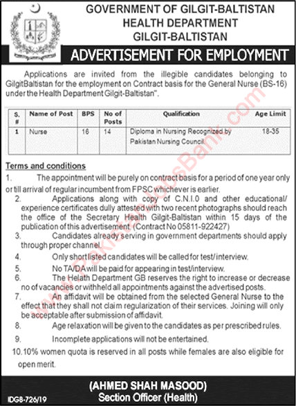 Nurse Jobs in Health Department Gilgit Baltistan December 2019 / 2020 Latest