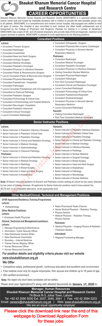 Shaukat Khanum Hospital Jobs 2020 January Medical Consultants, Instructors & Others Latest