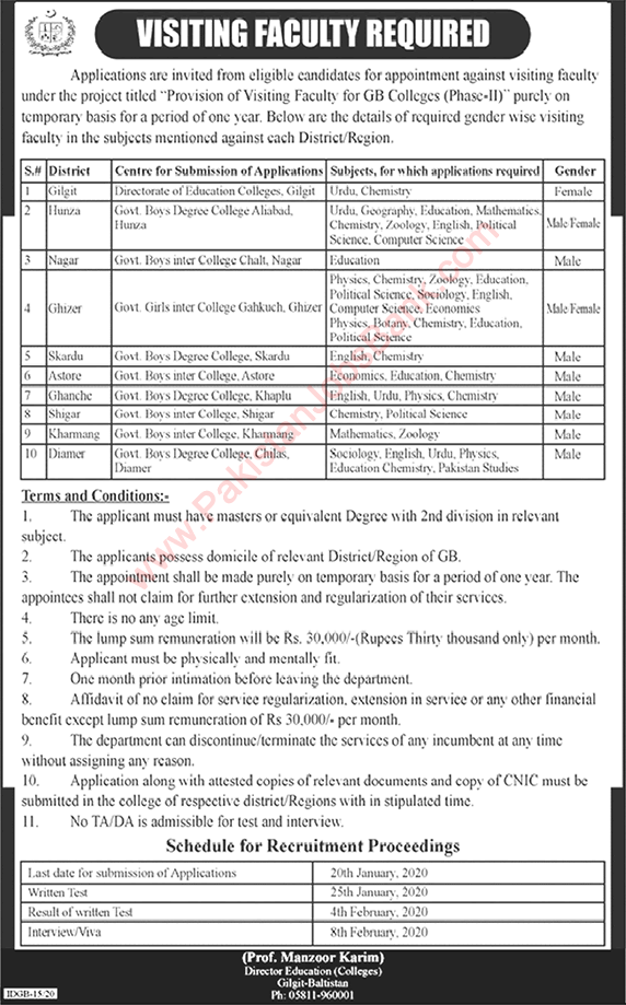 Education Department Gilgit Baltistan Jobs 2020 January Teaching Faculty Latest