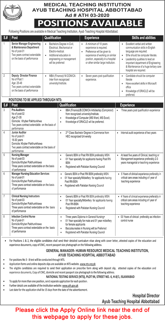 Ayub Teaching Hospital Abbottabad Jobs 2020 January NTS Online Application Form Medical Teaching Institution MTI ATH Latest