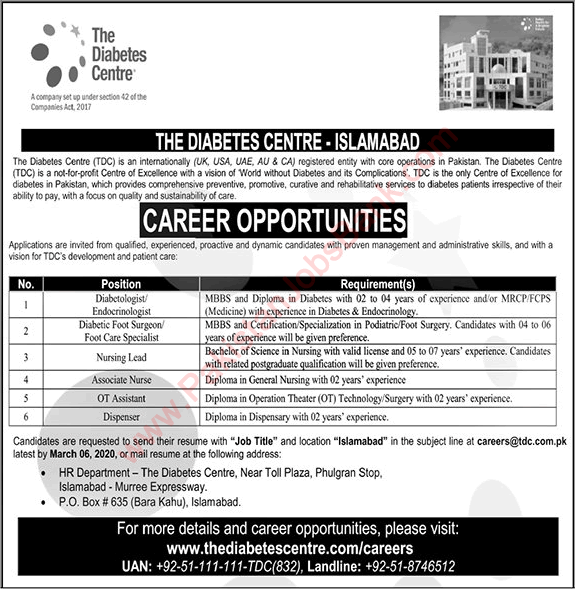 The Diabetes Centre Islamabad Jobs 2020 February Nurses, OT Assistant & Others Latest