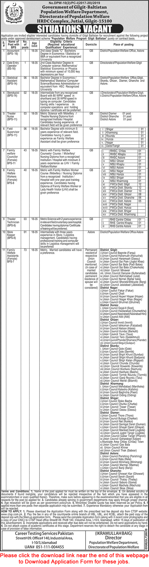 Population Welfare Department Gilgit Baltistan Jobs 2020 March Application Form Family Welfare Assistants & Others Latest