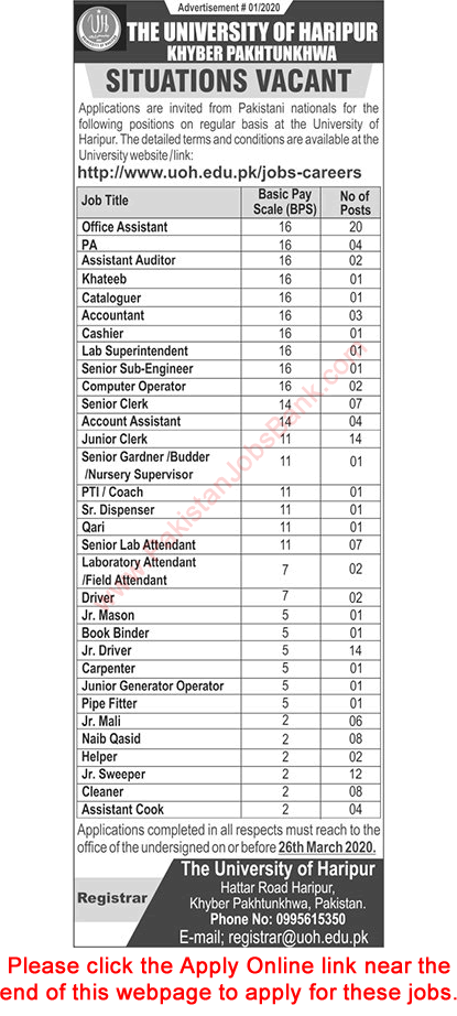 University of Haripur Jobs 2020 March Apply Online Office Assistants, Clerk, Drivers & Others Latest