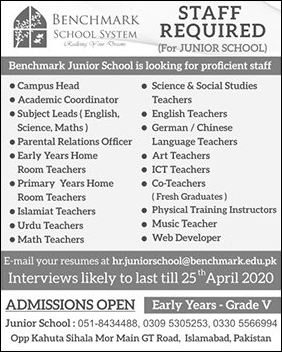 Benchmark School System Islamabad Jobs 2020 April Teachers & Others Latest