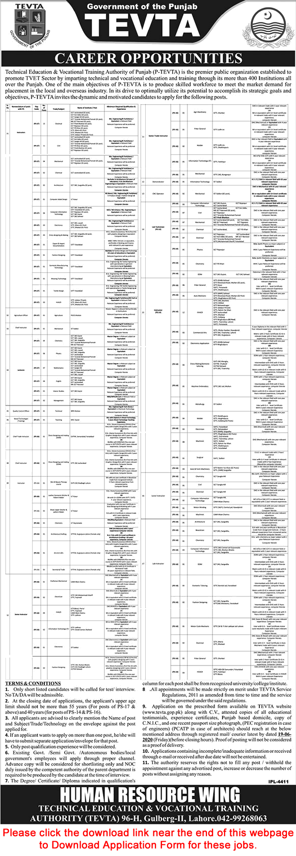 TEVTA Punjab Jobs May 2020 June Application Form PTEVTA Instructors & Others Latest