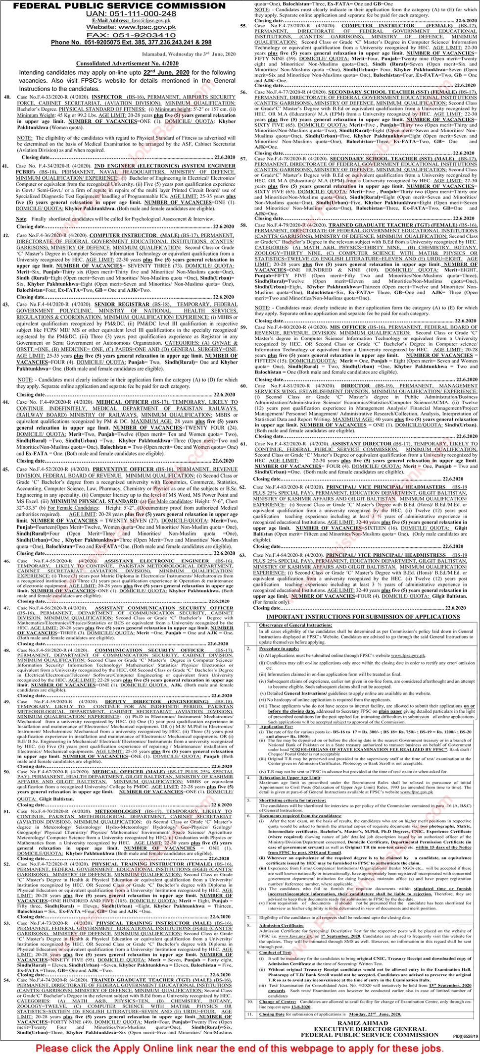 FPSC Jobs June 2020 Apply Online Consolidated Advertisement No 04/2020 4/2020 Latest