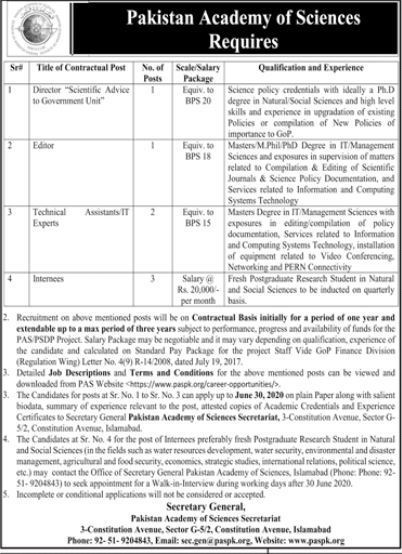 Pakistan Academy of Sciences Islamabad Jobs 2020 June Internees & Others Latest