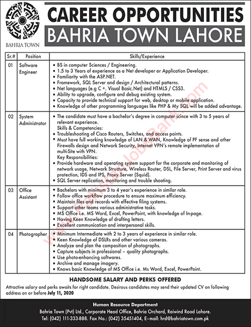 Bahria Town Lahore Jobs June 2020 July Software Engineer, Office Assistant & Others Latest