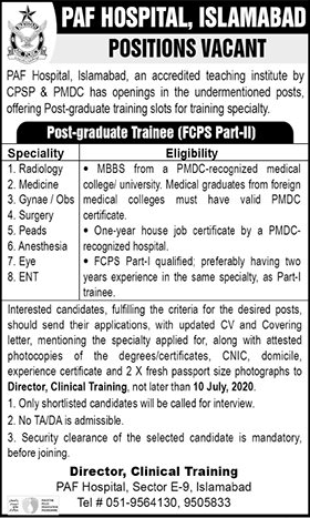 PAF Hospital Islamabad FCPS Postgraduate Trainee Jobs 2020 June / July Latest