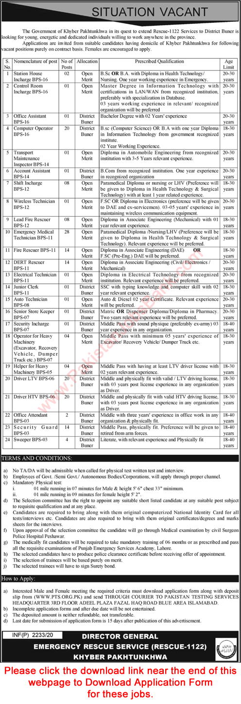 Rescue 1122 KPK Jobs 2020 June / July PTS Application Form Medical Technicians, Drivers & Others Latest