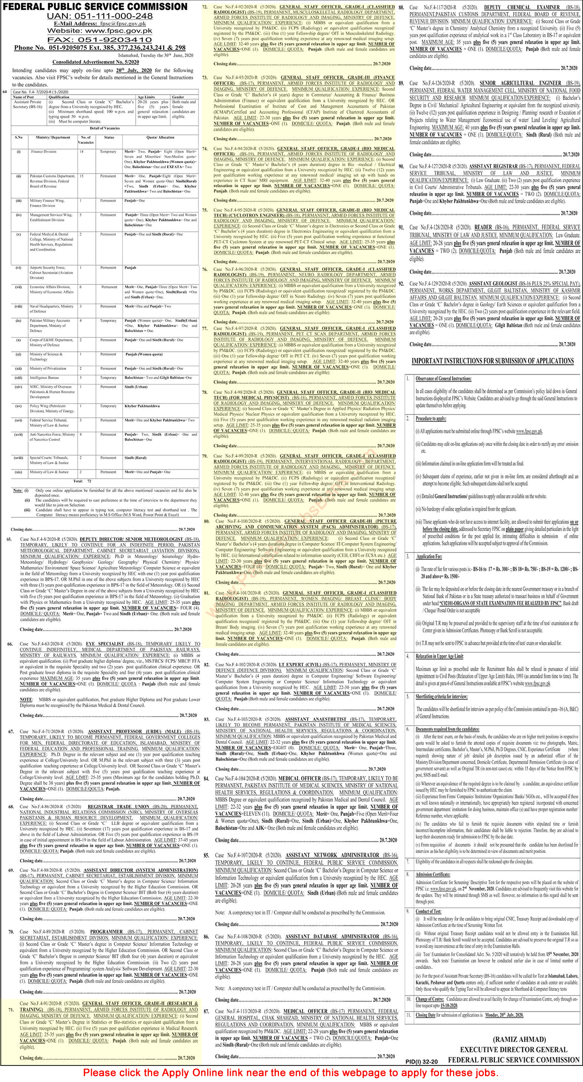 General Staff Officer Jobs in Armed Forces Institute of Radiology & Imaging 2020 July FPSC Online Apply Latest