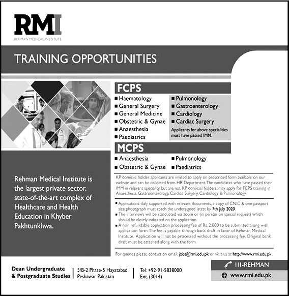 RMI Peshawar MCPS / FCPS Training 2020 July Rehman Medical Institute Latest