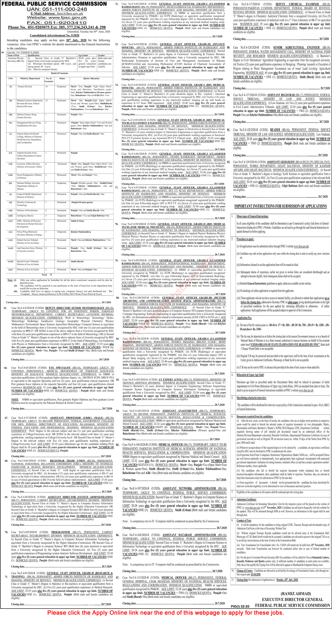FPSC Jobs July 2020 Apply Online Consolidated Advertisement No 05/2020 5/2020 Latest
