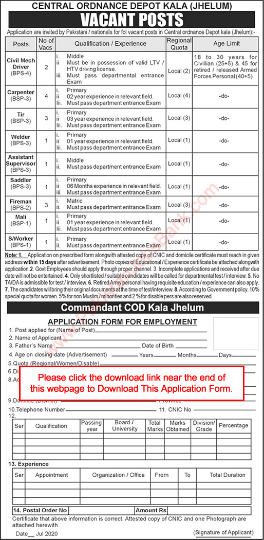 COD Kala Jhelum Jobs 2020 July Application Form Central Ordnance Depot Latest