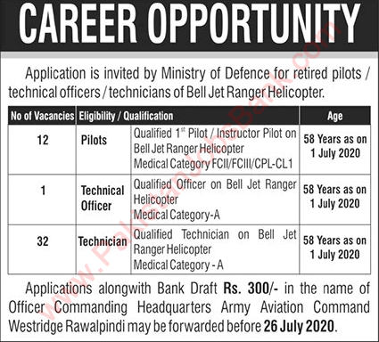 Ministry of Defence Jobs 2020 July Pakistan Helicopter Technicians, Pilots & Technical Officer Latest
