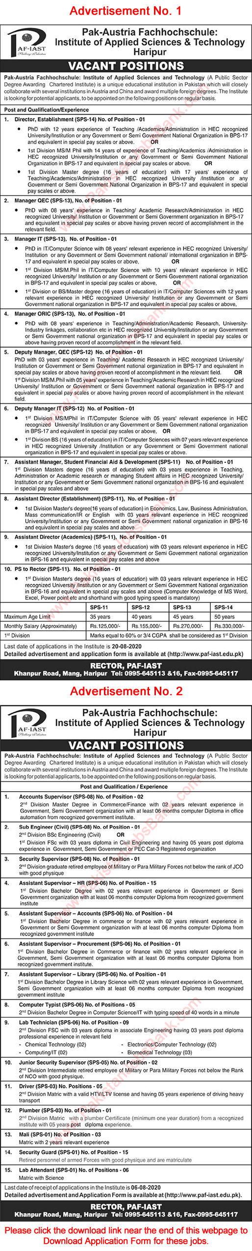 PAF IAST Haripur Jobs 2020 July Application Form Pak-Austria Fachhochschule Institute of Applied Sciences & Technology Latest