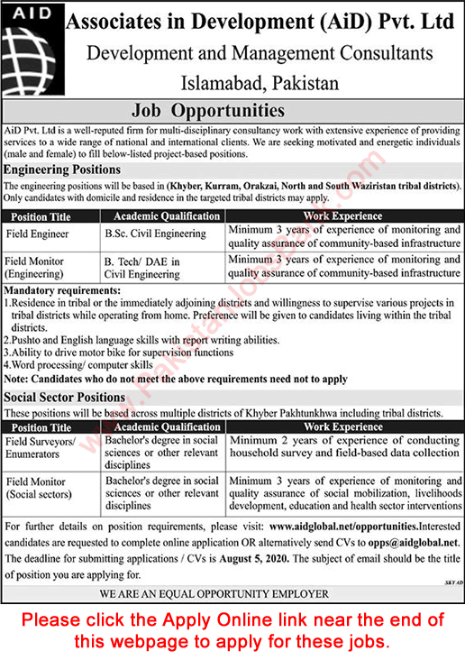 Associates in Development Pvt Ltd Jobs 2020 July Apply Online Field Monitors & Others AID Latest