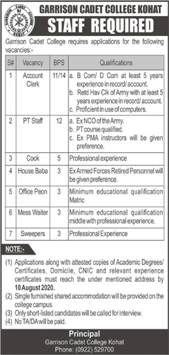 Garrison Cadet College Kohat Jobs July 2020 Account Clerk, Waiter & Others Latest