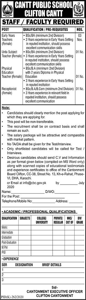 Cantt Public School Clifton Karachi Jobs 2020 July / August Female Teachers & Receptionist Latest