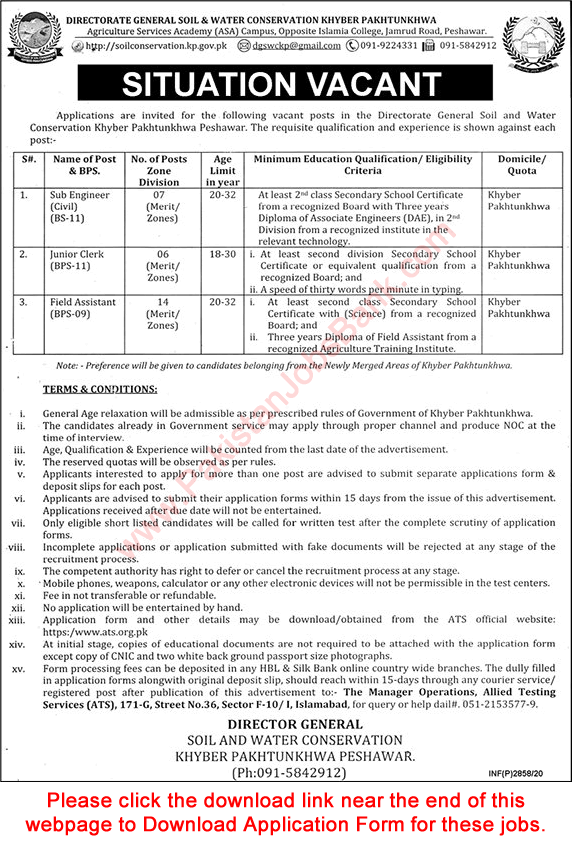 Directorate General Soil and Water Conservation KPK Jobs August 2020 Peshawar ATS Application Form Latest