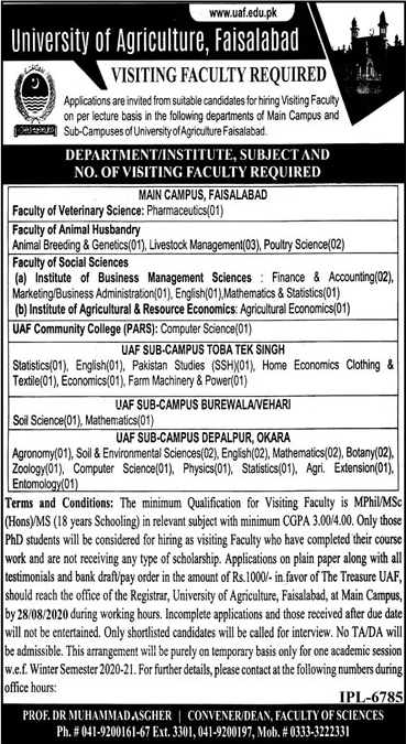 Teaching Faculty Jobs in University of Agriculture Faisalabad August 2020 UAF Latest