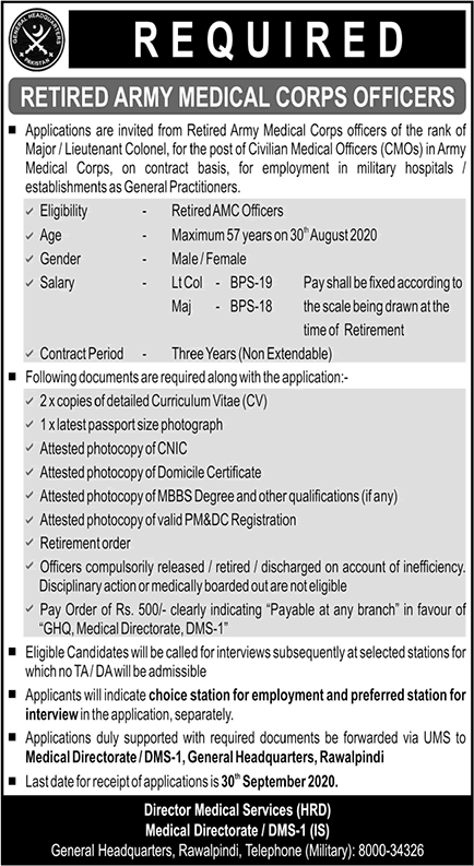 Medical Officer Jobs in Army Medical Corps August 2020 September Ex / Retired Army Officers Latest