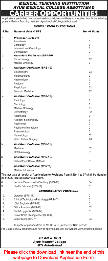 Ayub Medical College Abbottabad Jobs August 2020 September MTI NTS Application Form Teaching Faculty & Others Latest