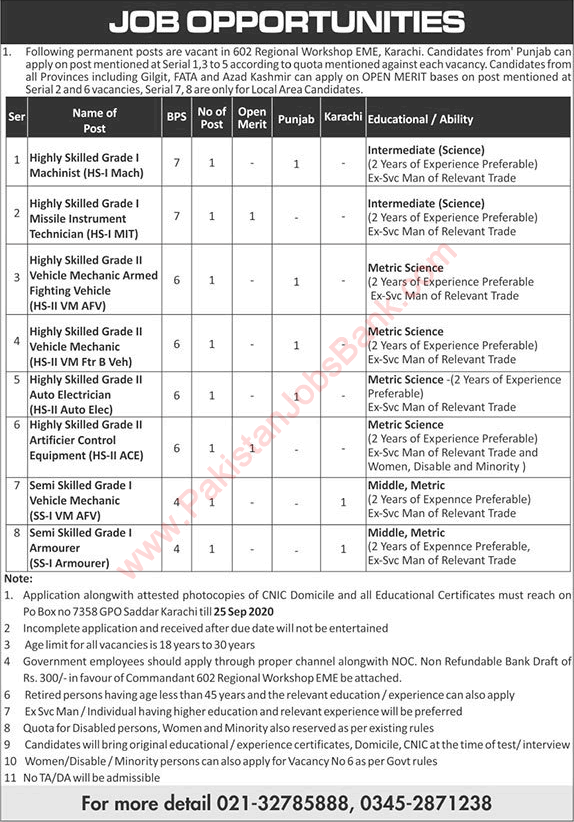 602 Regional Workshop EME Karachi Jobs September 2020 Vehicle Mechanics & Others Pakistan Army Latest