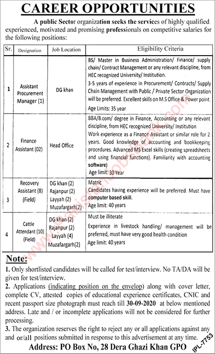 PO Box 28 Dera Ghazi Khan Jobs September 2020 Public Sector Organization Latest