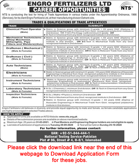 Engro Fertilizer Apprenticeship 2020 September NTS Application Form Download Latest / New